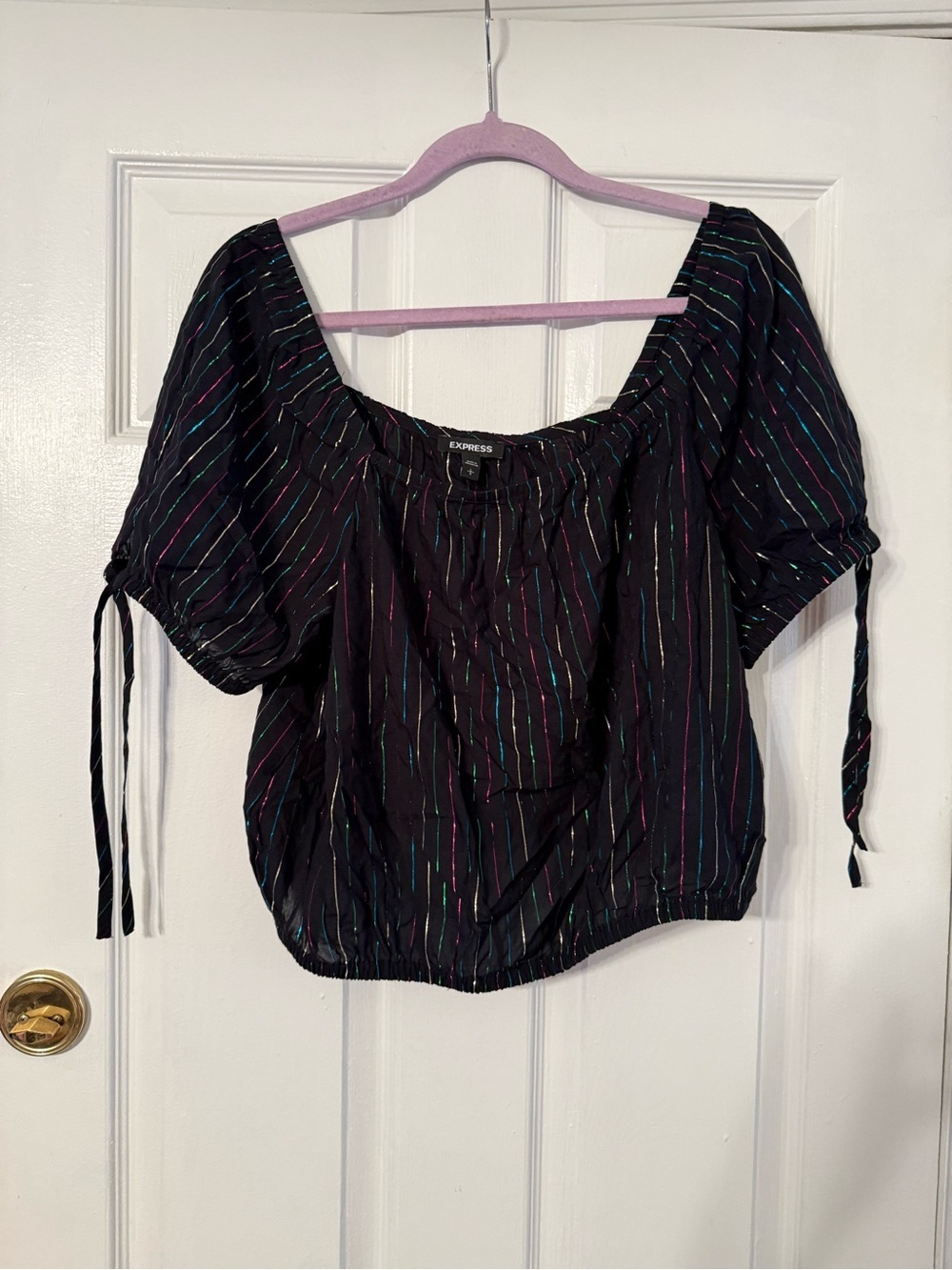 Express Black Off-Shoulder Puff Sleeve Top with Multicolor Pinstripes
